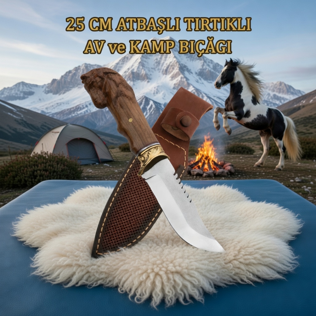 At Başlı Tırtıklı Av ve Kamp Bıçağı 25 cm