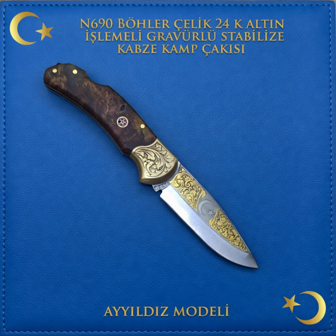 24K Altın İşlemeli Gravürlü N690 Böhler Koleksiyonluk Çakı 2