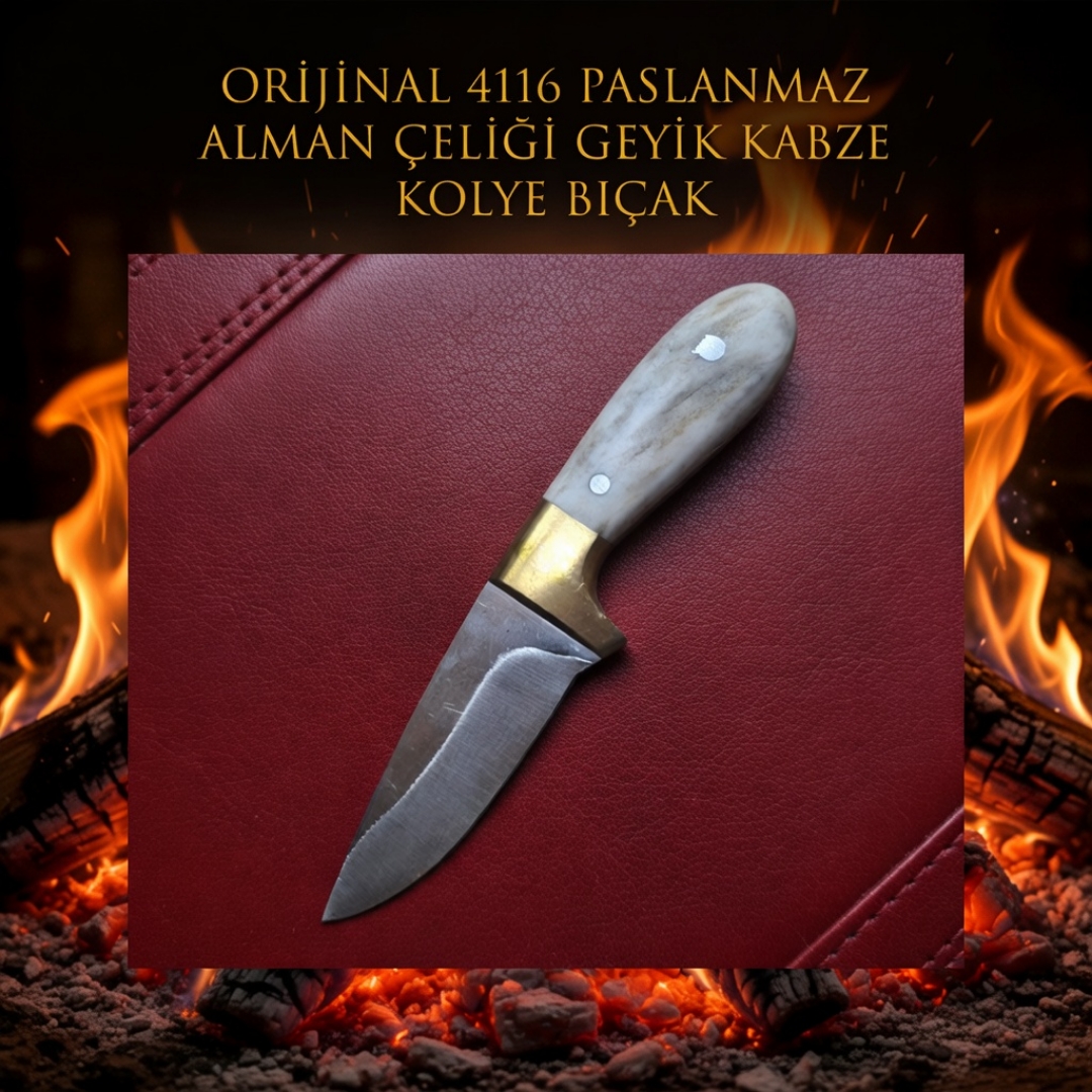 Elyapımı Pirinç Balçaklı Geyikboynuzu Kabze Kolye Bıçak 11cm