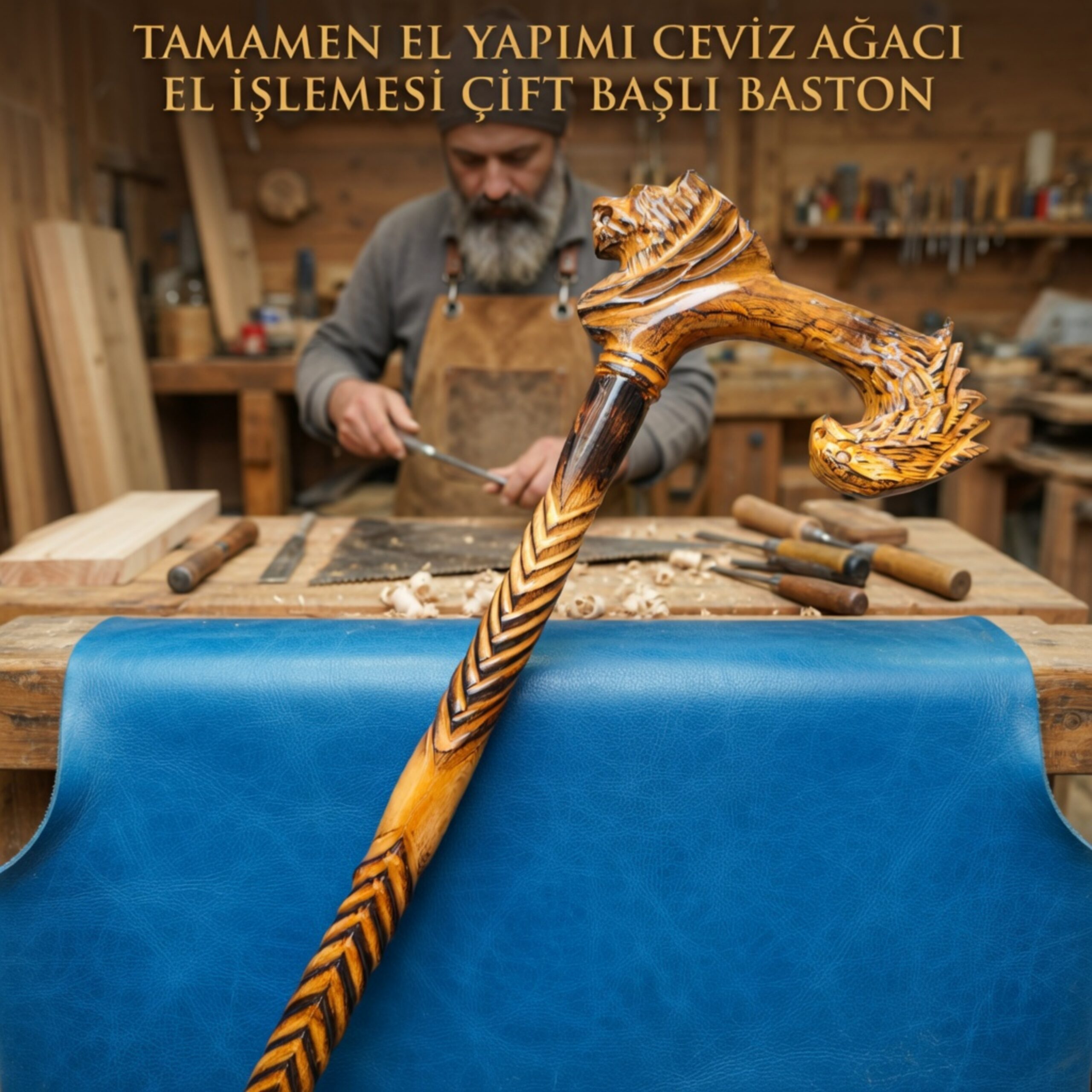 El Yapımı Ceviz Ağacından El Oyması Baston 100 cm