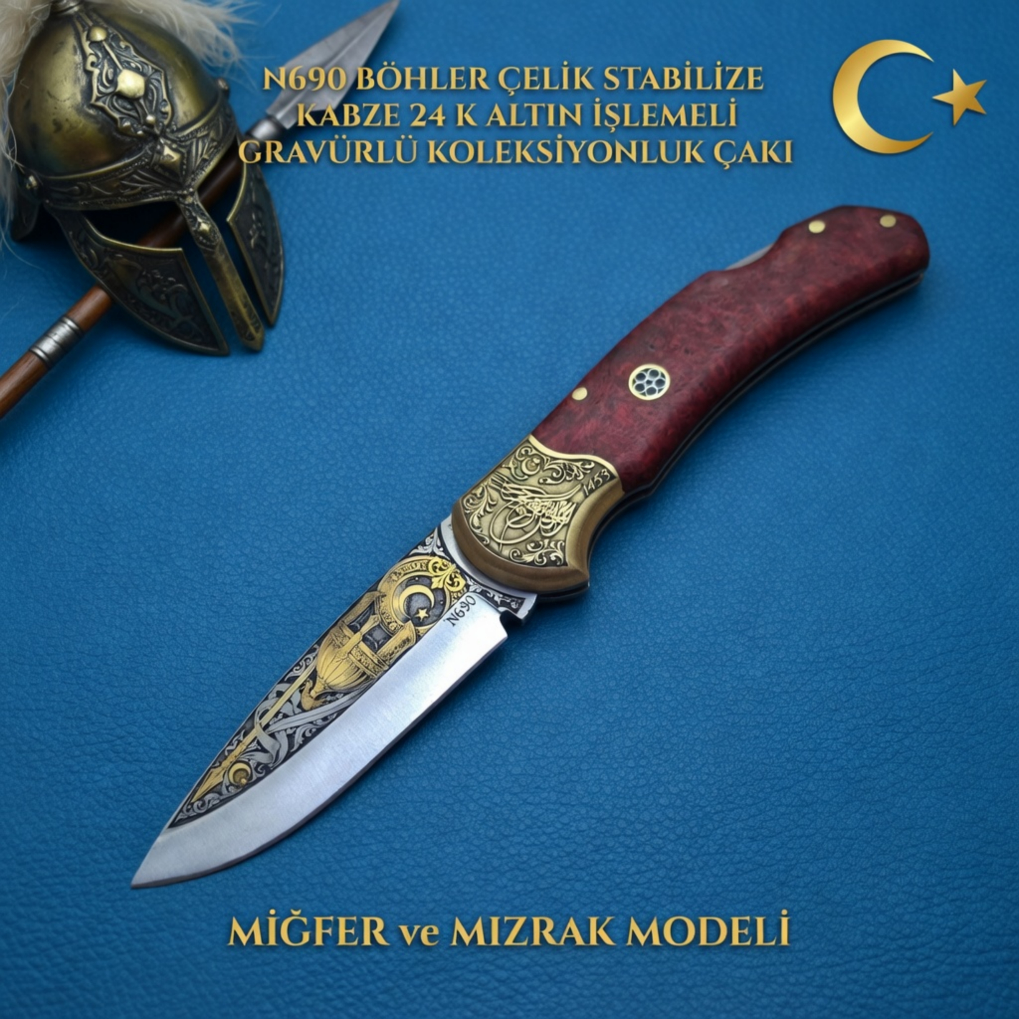 N690 Böhler 24K Altın işlemeli Gravürlü Koleksiyonluk Çakı 1